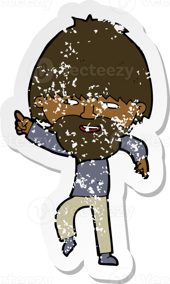 retro distressed sticker of a cartoon bearded man pointing and laughing png