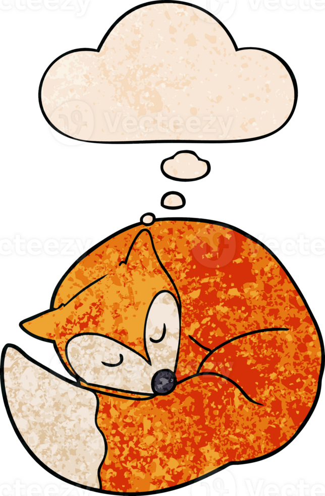 cartoon sleeping fox with thought bubble in grunge texture style png