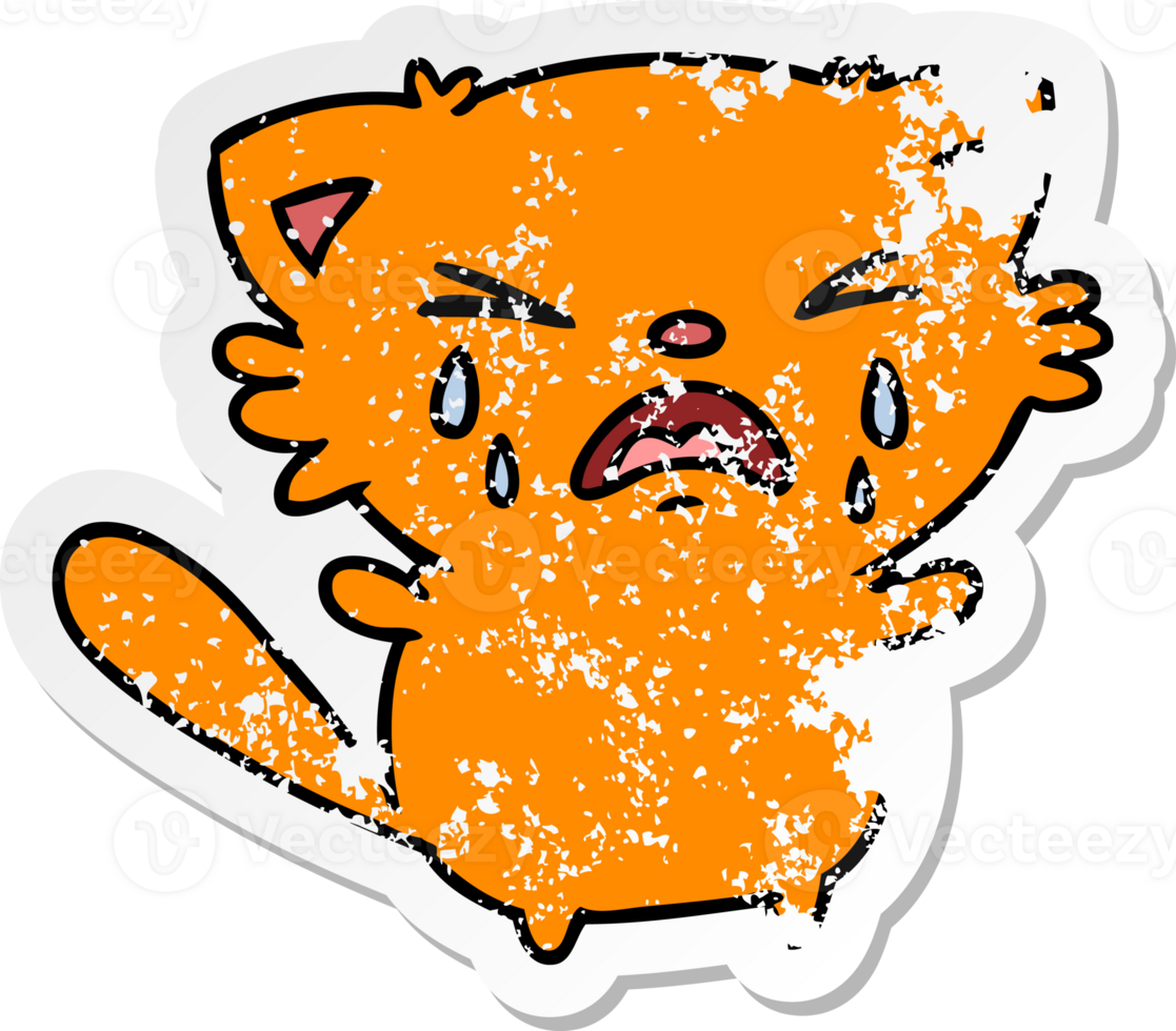 hand drawn distressed sticker cartoon of cute kawaii crying cat png