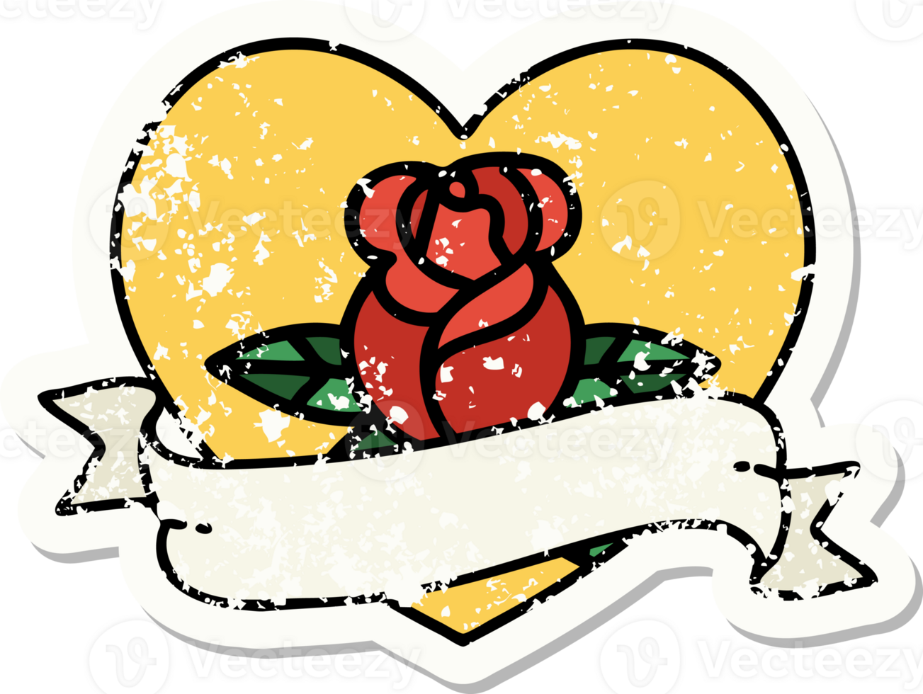 distressed sticker tattoo in traditional style of a heart rose and banner png