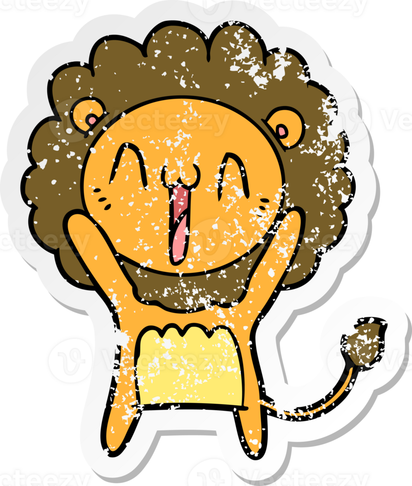 distressed sticker of a happy cartoon lion png