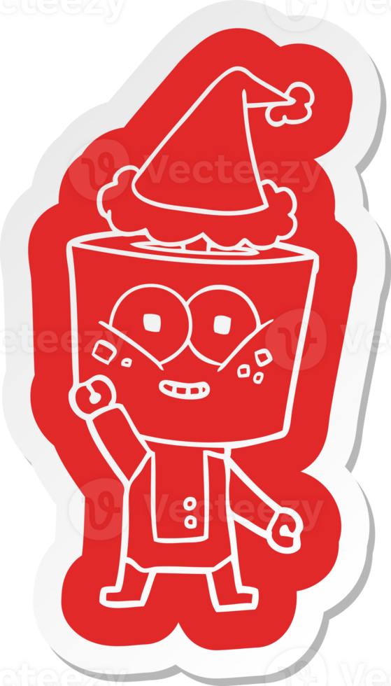 happy quirky cartoon  sticker of a robot waving hello wearing santa hat png