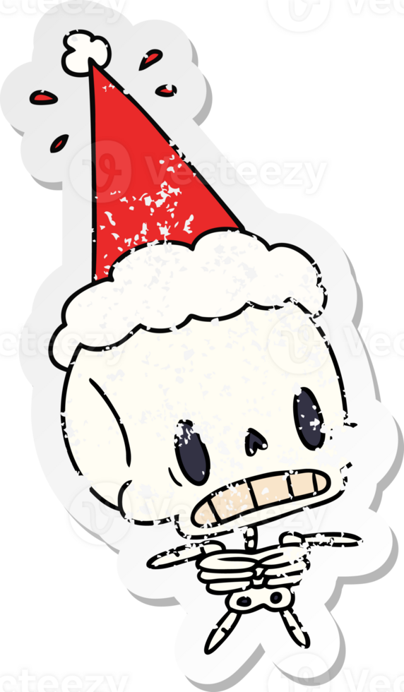 hand drawn christmas distressed sticker cartoon of kawaii skeleton png