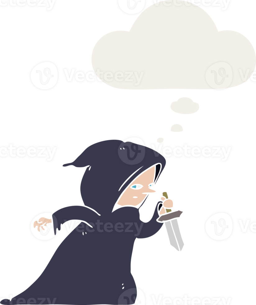 cartoon assassin with thought bubble in retro style png