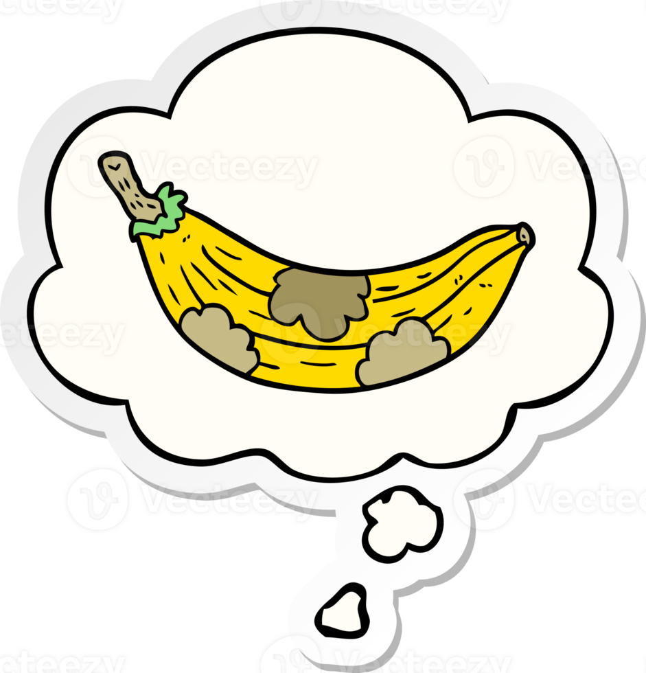 cartoon old banana with thought bubble as a printed sticker png