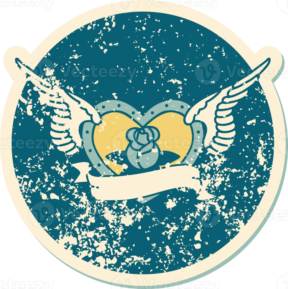 iconic distressed sticker tattoo style image of a flying heart with flowers and banner png