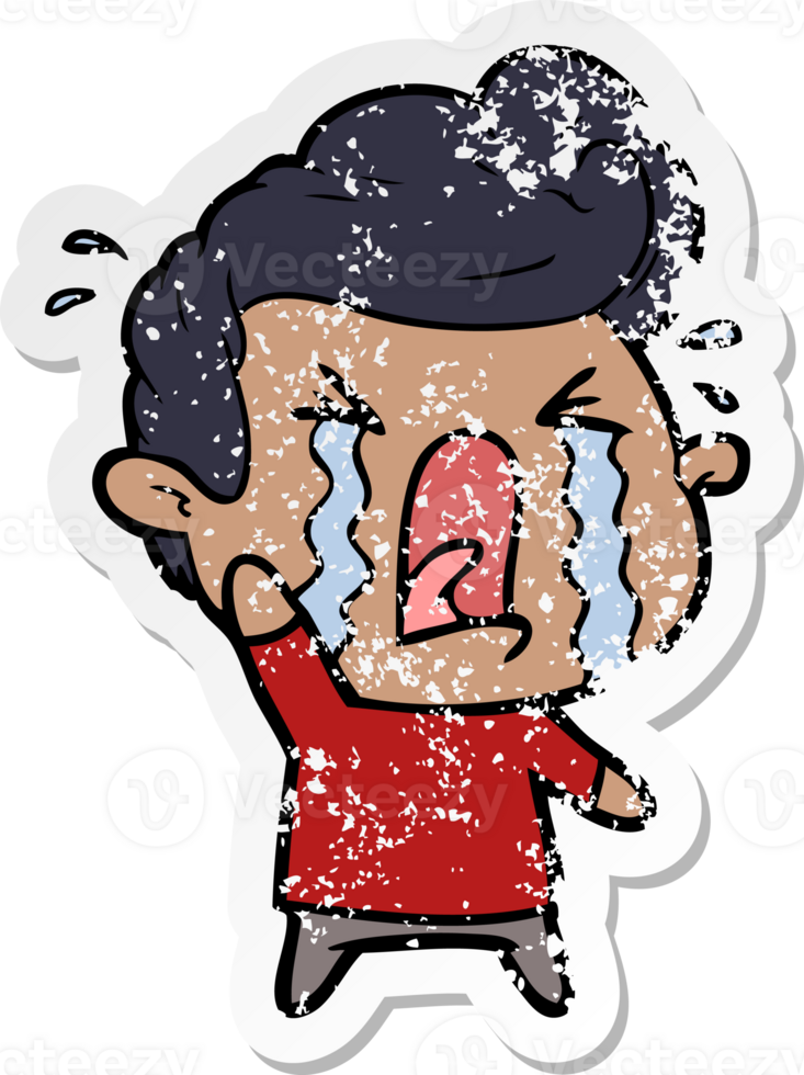 distressed sticker of a cartoon crying man png