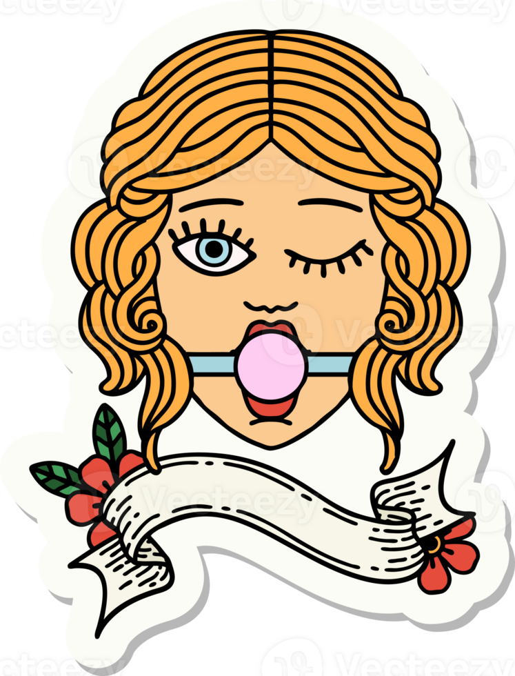 tattoo style sticker with banner of a winking female face wearing ball gag png