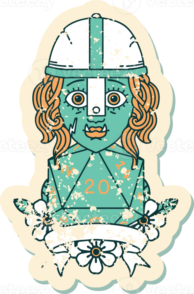 Retro Tattoo Style half orc fighter with natural twenty dice roll png