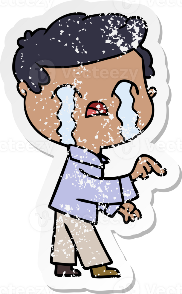 distressed sticker of a cartoon man crying png