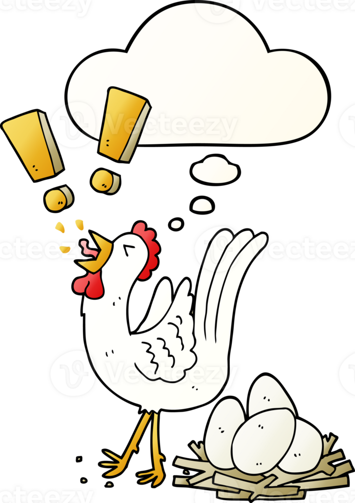 cartoon chicken laying egg with thought bubble in smooth gradient style png