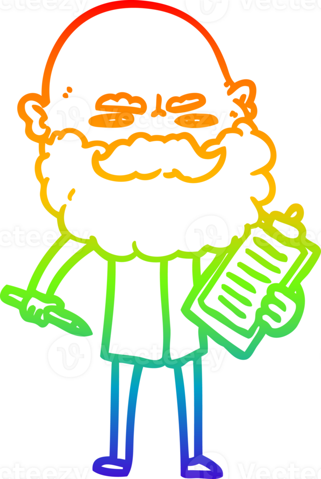 rainbow gradient line drawing of a cartoon man with beard frowning png
