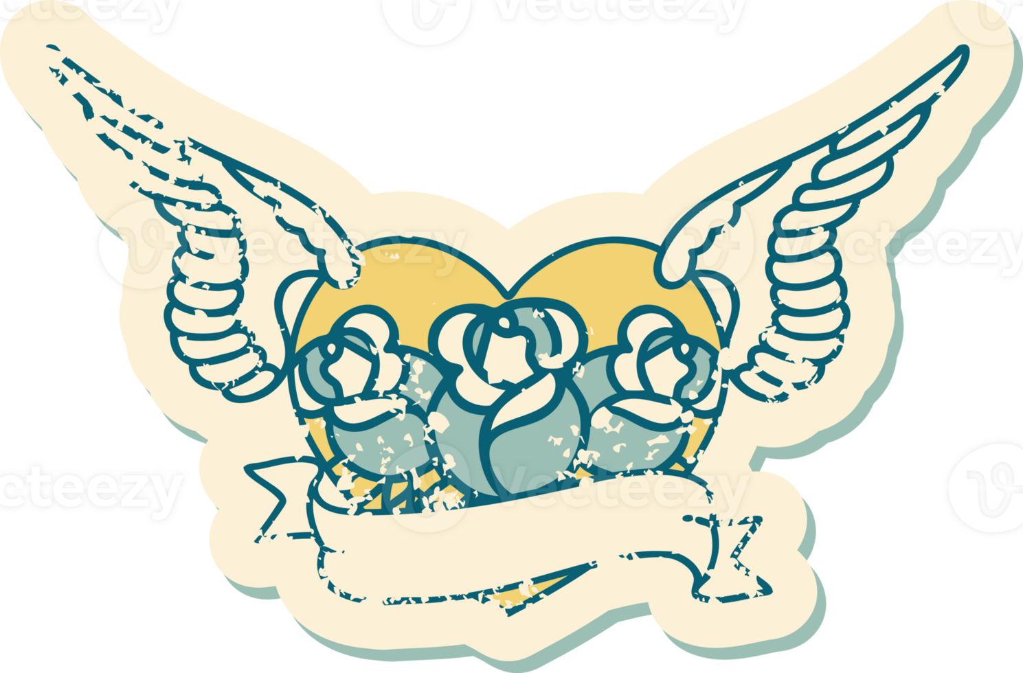 iconic distressed sticker tattoo style image of a flying heart with flowers and banner png