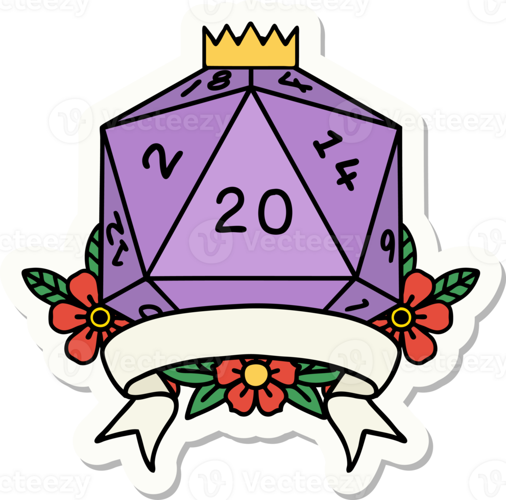 sticker of a natural 20 critical hit D20 dice roll png