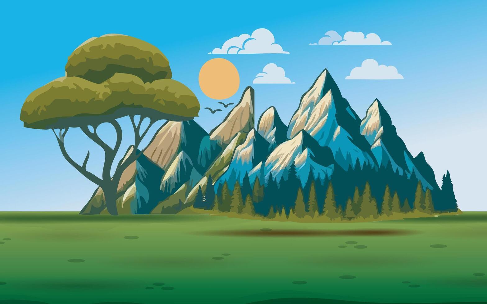 Cartoon village green field with green tree and mountain vector