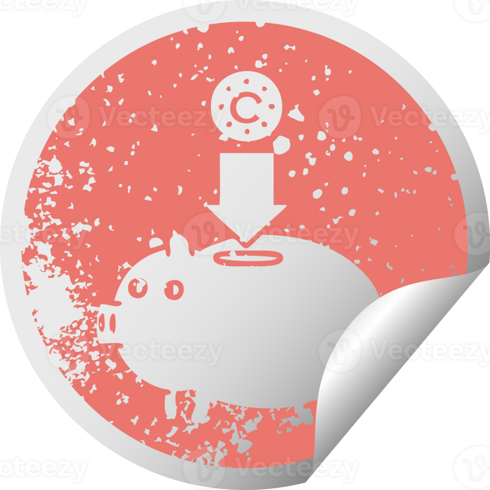distressed circular peeling sticker symbol of a piggy bank png