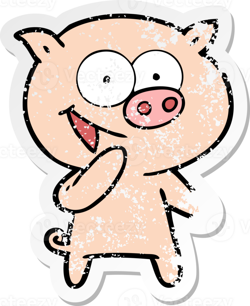 distressed sticker of a laughing pig cartoon png