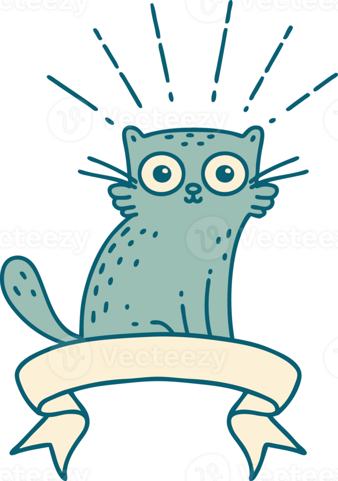 scroll banner with tattoo style surprised cat png