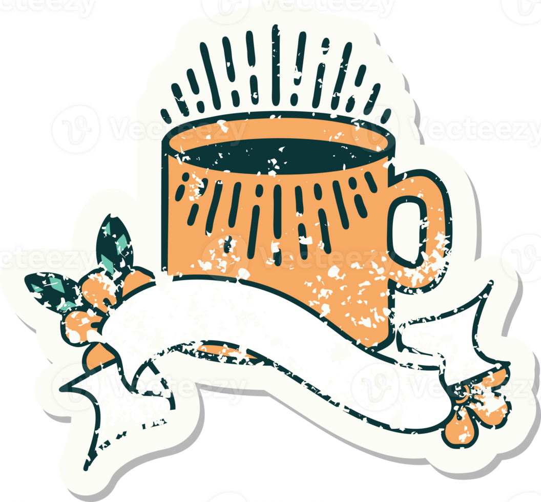 worn old sticker with banner of cup of coffee png