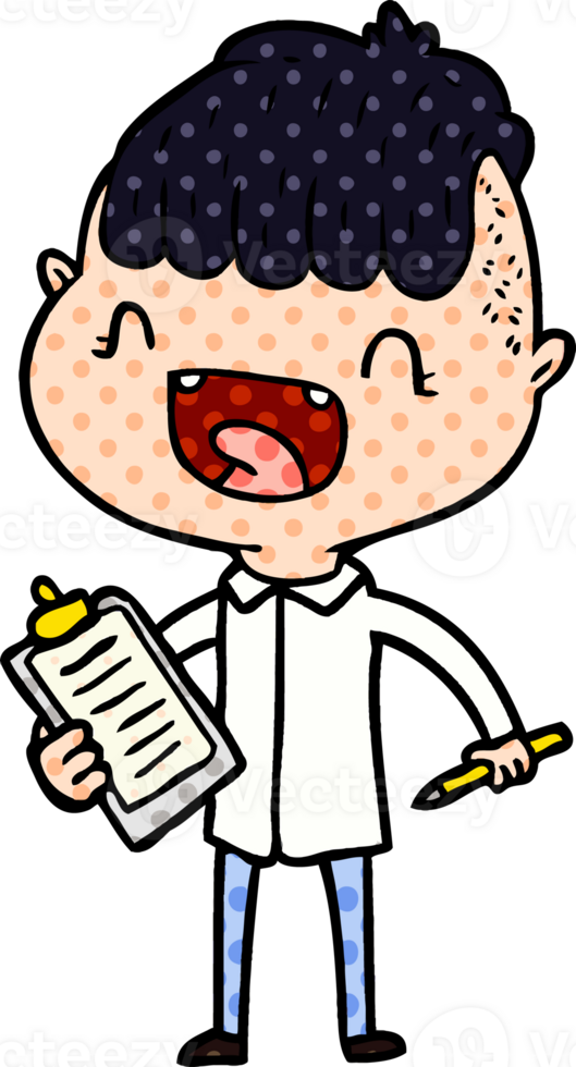 cartoon happy boy with clip board laughing png