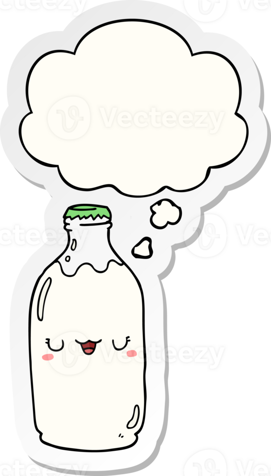 cute cartoon milk bottle with thought bubble as a printed sticker png