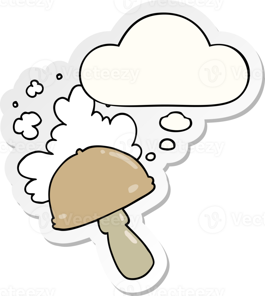 cartoon mushroom with spore cloud with thought bubble as a printed sticker png