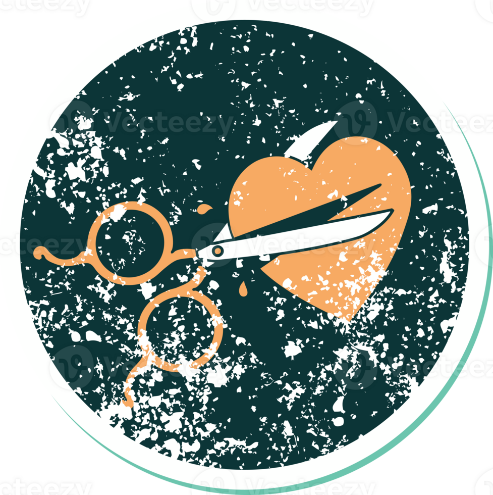 iconic distressed sticker tattoo style image of scissors cutting a heart png