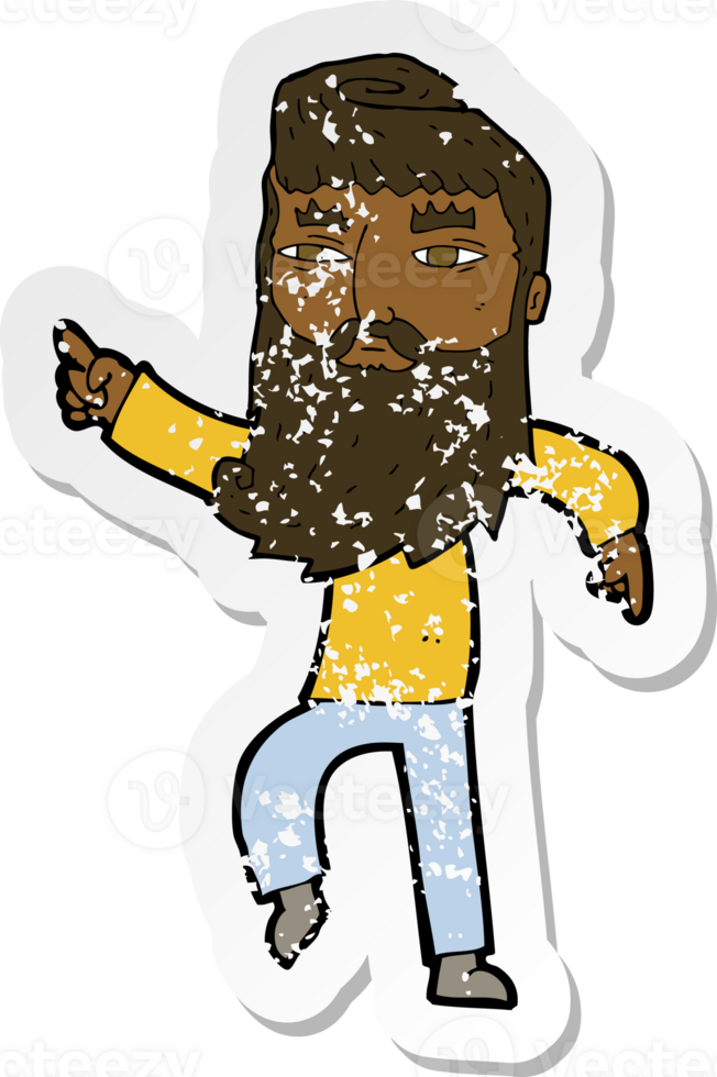 retro distressed sticker of a cartoon bearded man pointing the way png