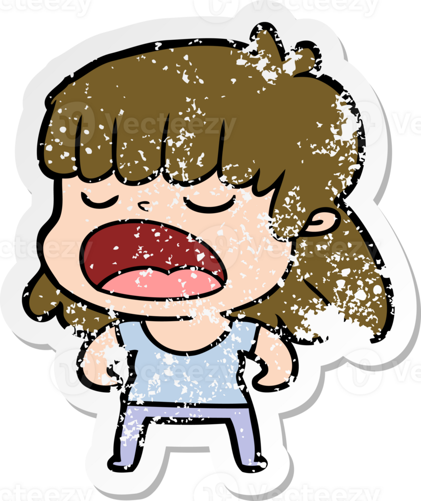 distressed sticker of a cartoon woman talking loudly png
