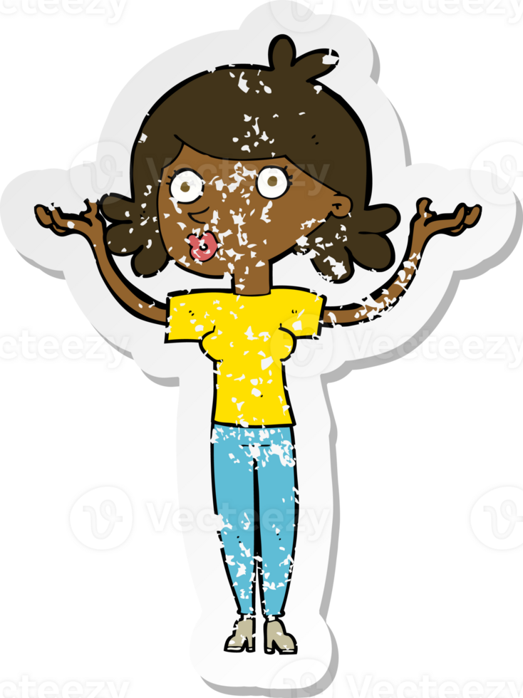 retro distressed sticker of a cartoon woman throwing arms in air png