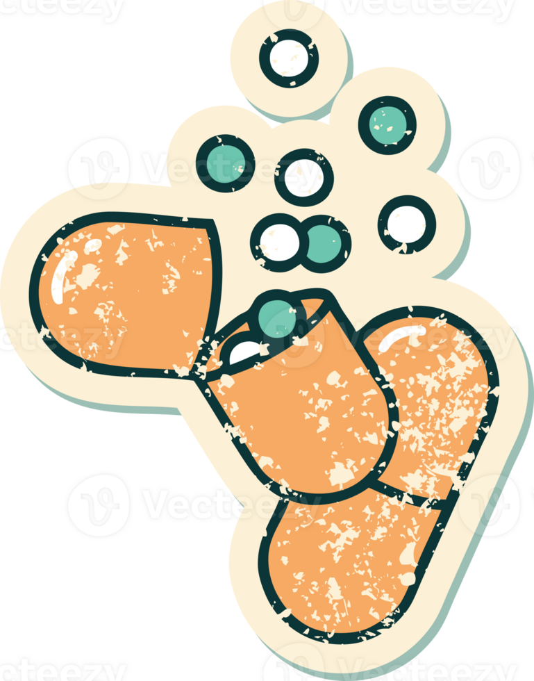 grunge sticker of a burst open medical capsule pill png