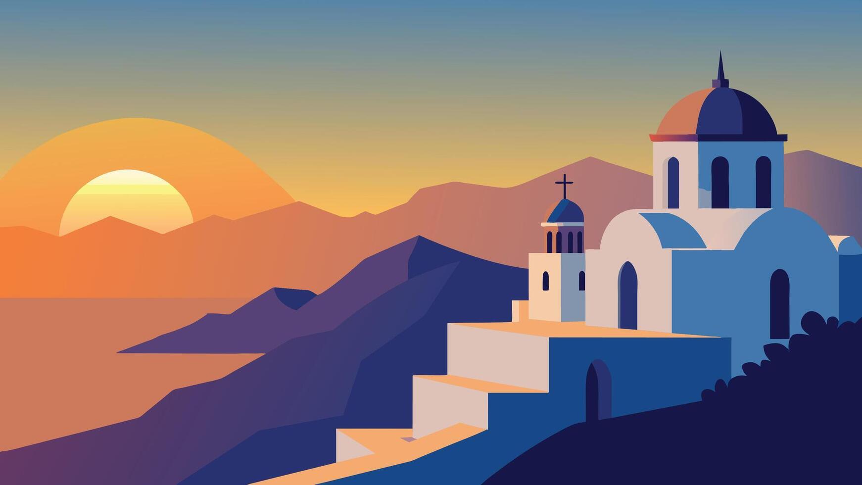 Great evening view of Santorini island. Picturesque spring sunset on the famous Greek resort Fira, Greece, Europe. Flat illustraiton vector