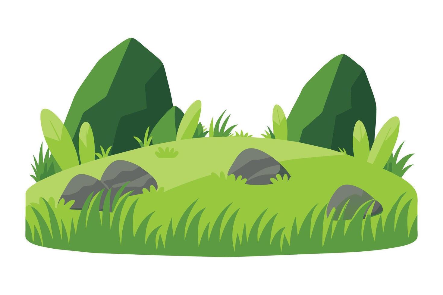 Greenery grass fields meadow row with rock, flat illustration vector