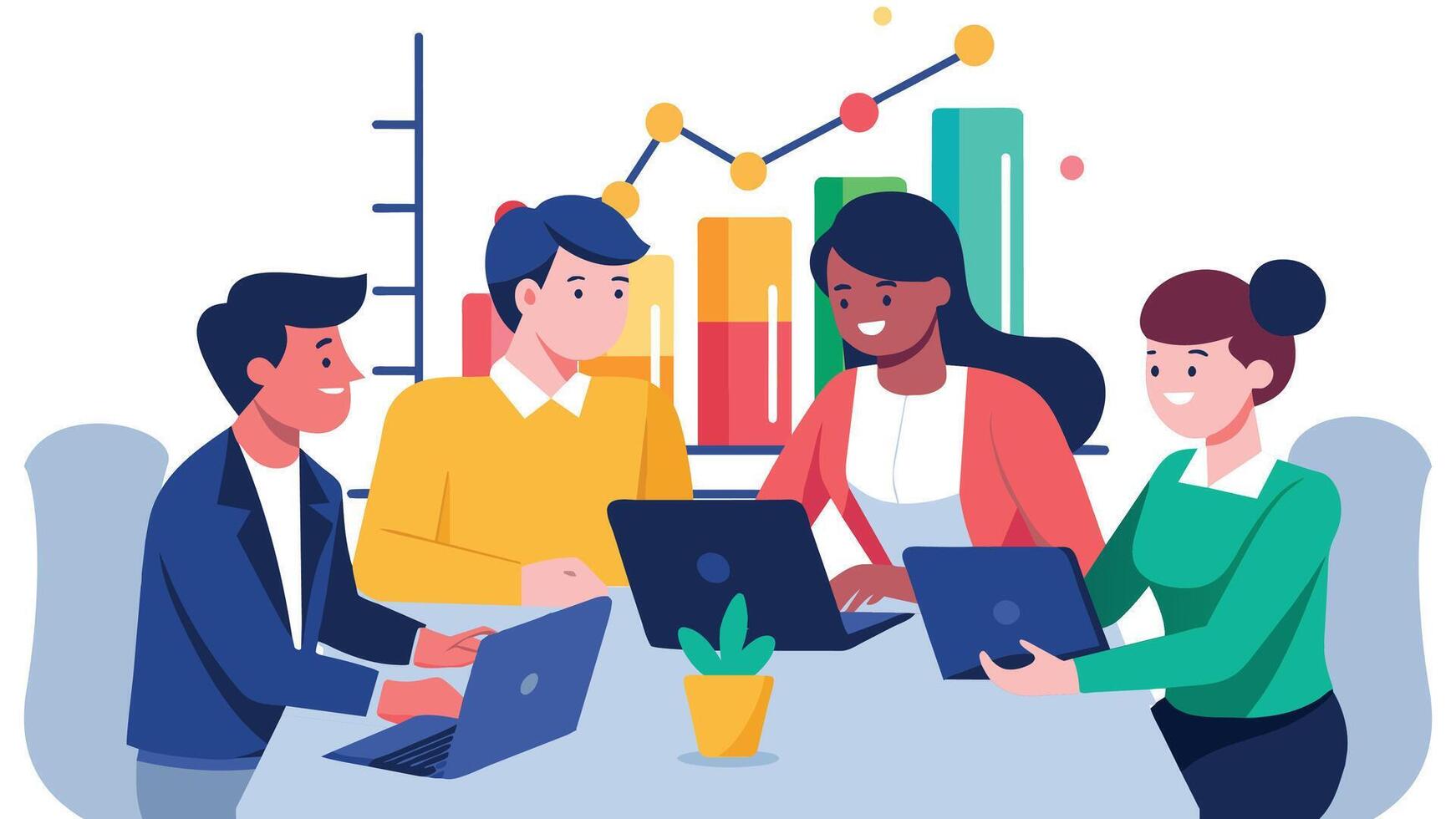 Creative business team having a meeting in an office with graphs, business shape flat illustration on white background. vector