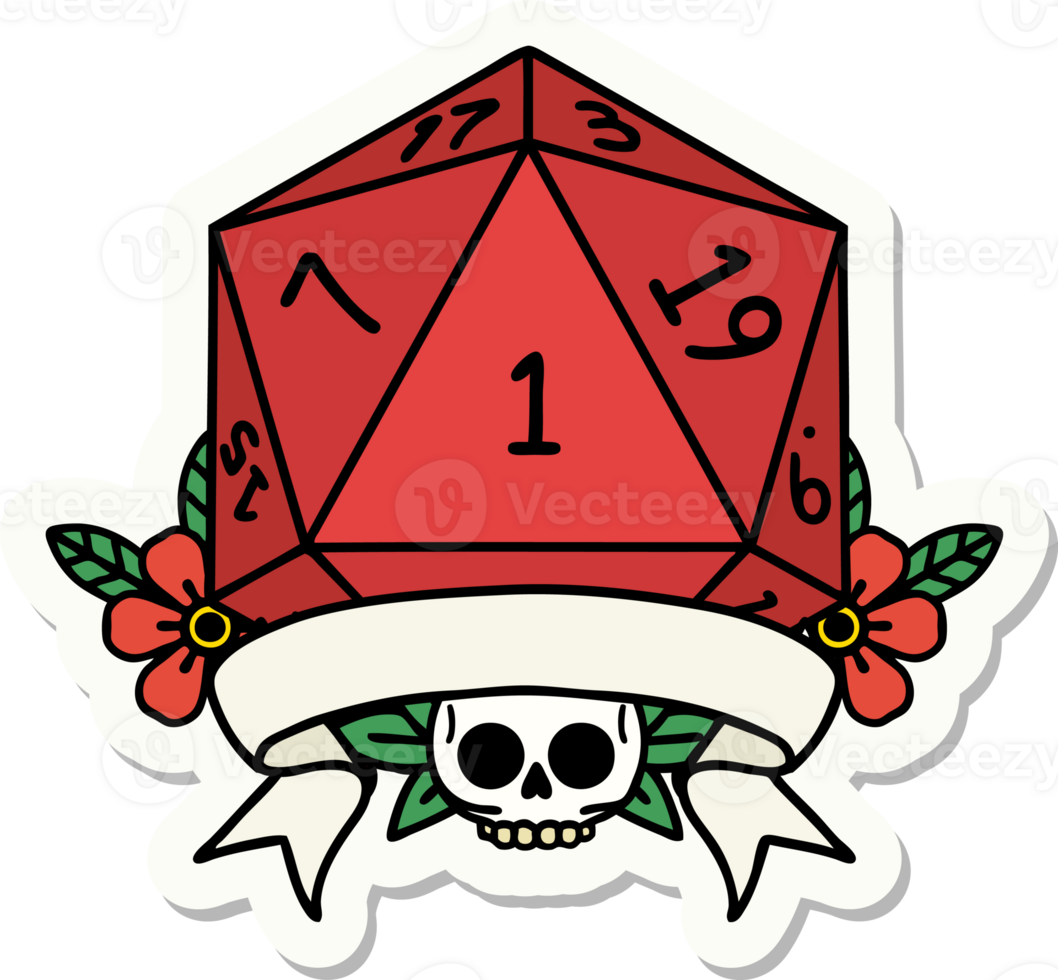 sticker of a natural one d20 dice roll png