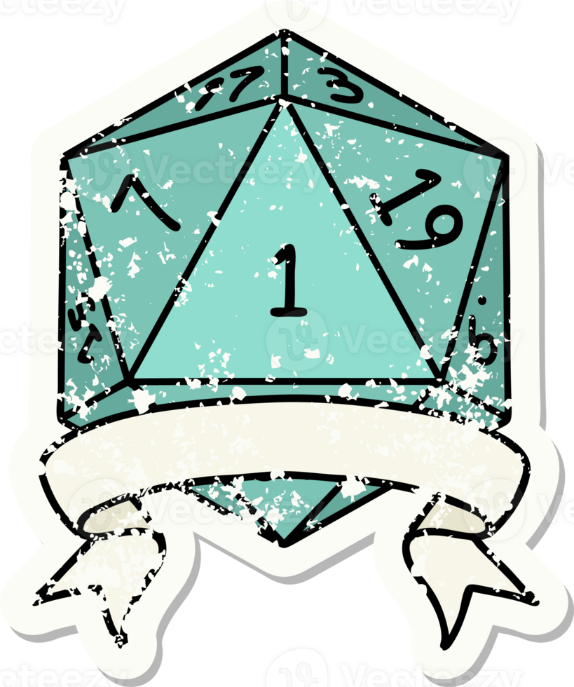 Retro Tattoo Style natural one d20 dice roll png