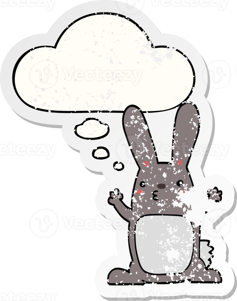 cartoon rabbit with thought bubble as a distressed worn sticker png