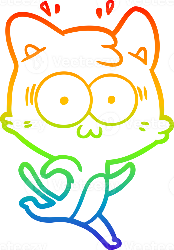 rainbow gradient line drawing of a cartoon surprised cat running png