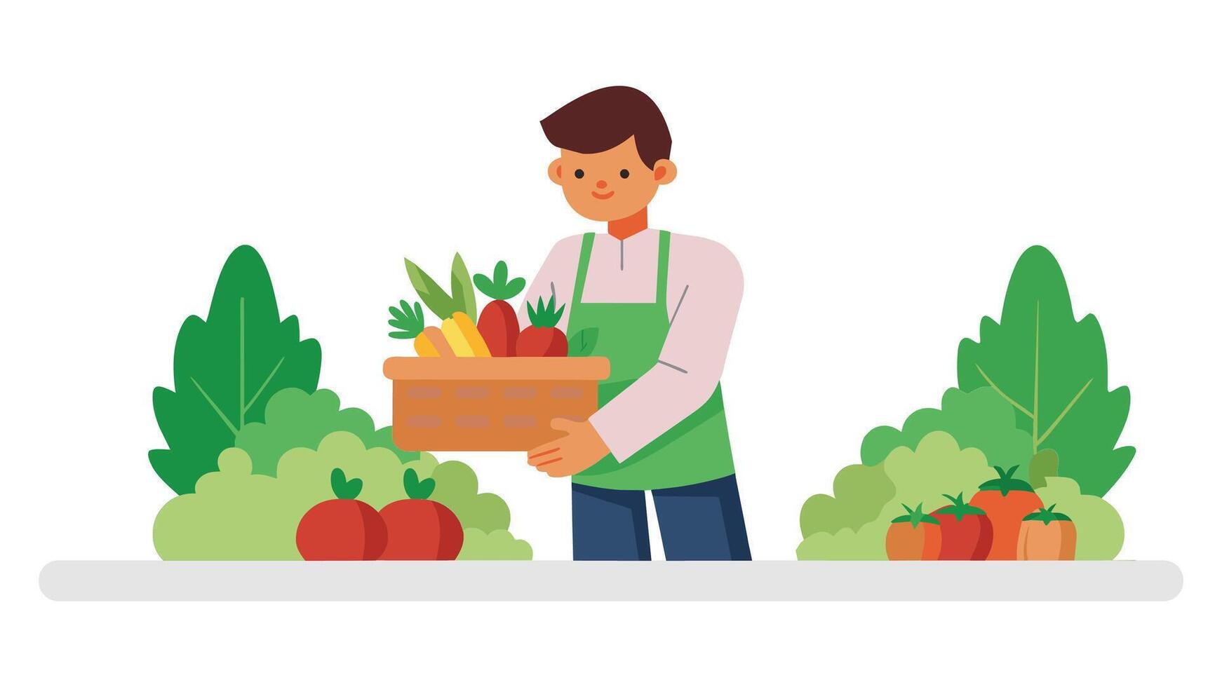 Anonymous chef harvesting fresh vegetables on a farm flat illustration on white background. vector
