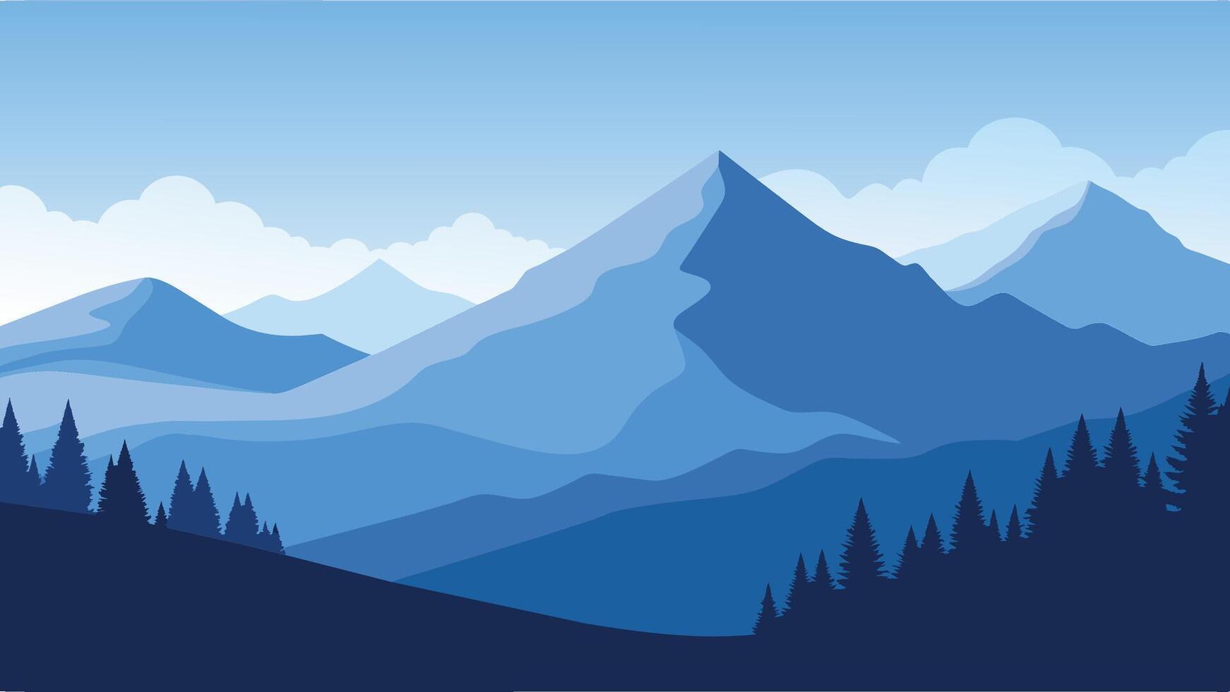 Panorama of the foggy winter landscape in the mountains. Beauty of nature, flat illustration colorful background vector