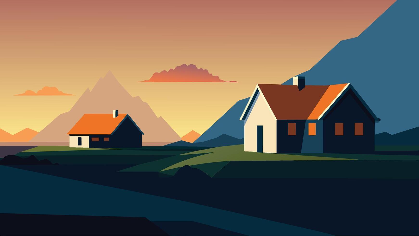 Typical view of turf-top houses in Icelandic countryside. Dramatic summer sunrise Fla illustration Nature background. vector