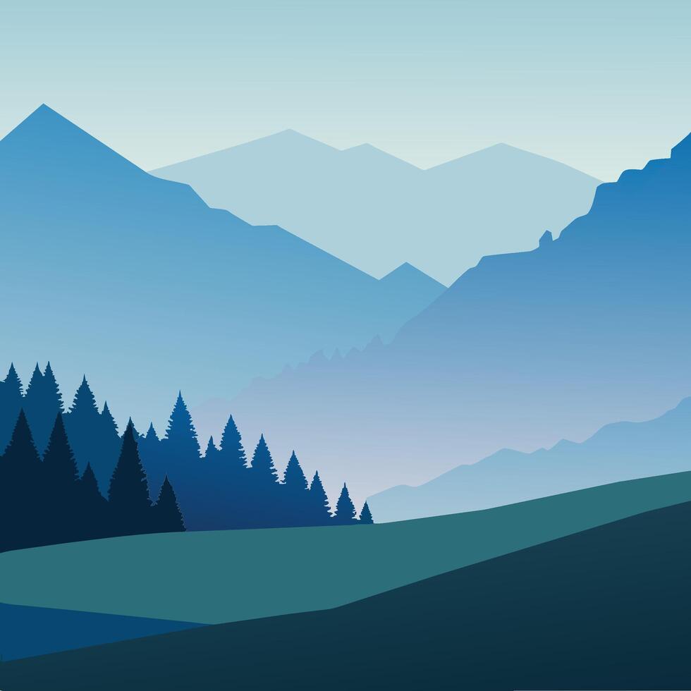 Foggy winter morning in the mountains. Flat illustration Nature background vector