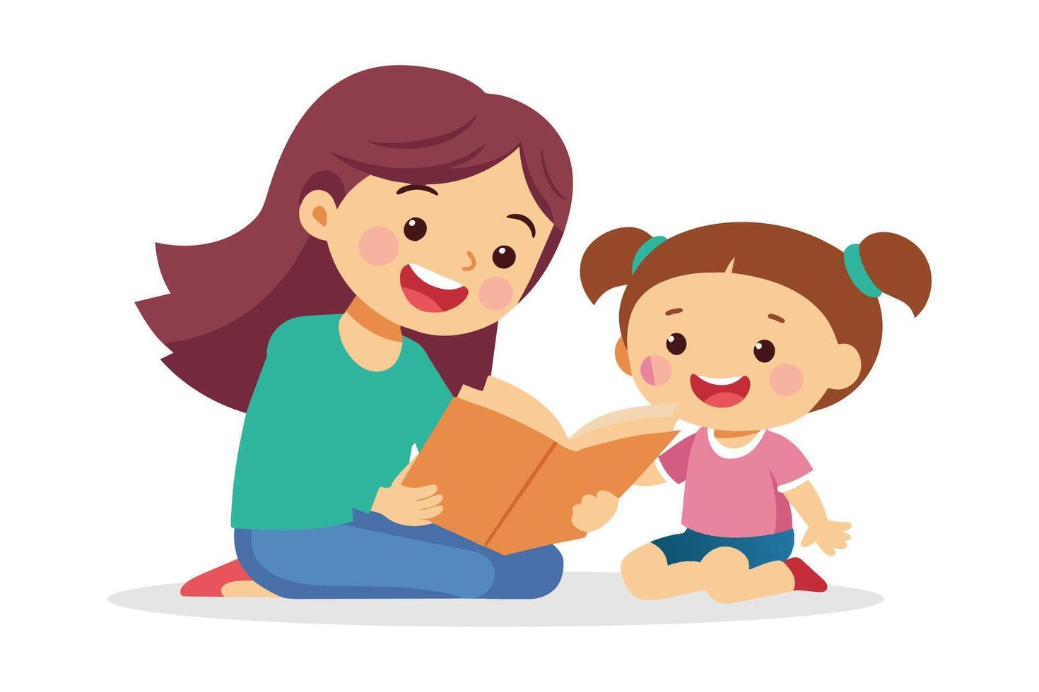 Pre school age girl laughs happily while sitting with her mom reading a story book flat illustration on white background vector