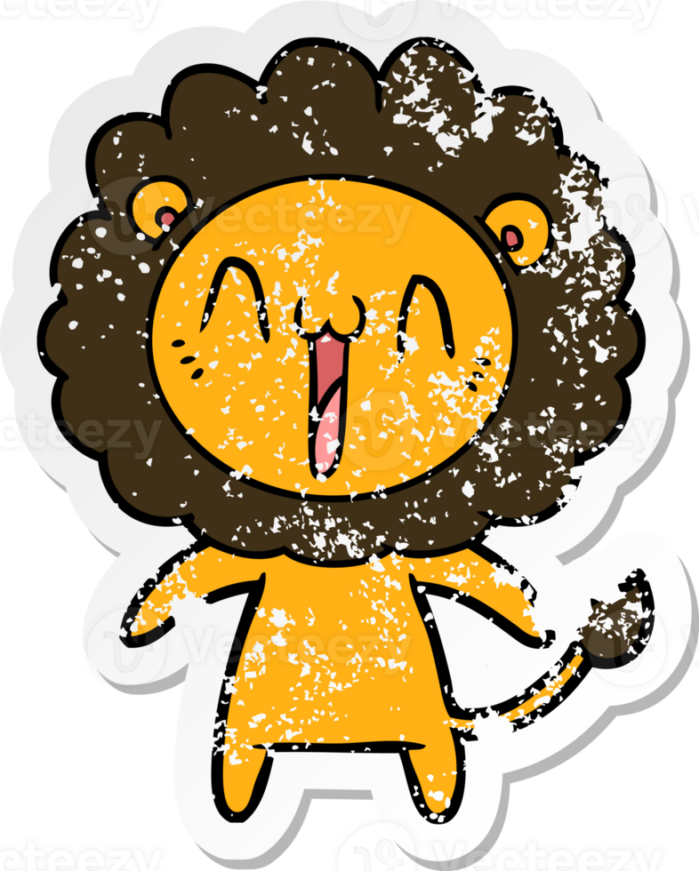distressed sticker of a happy cartoon lion png
