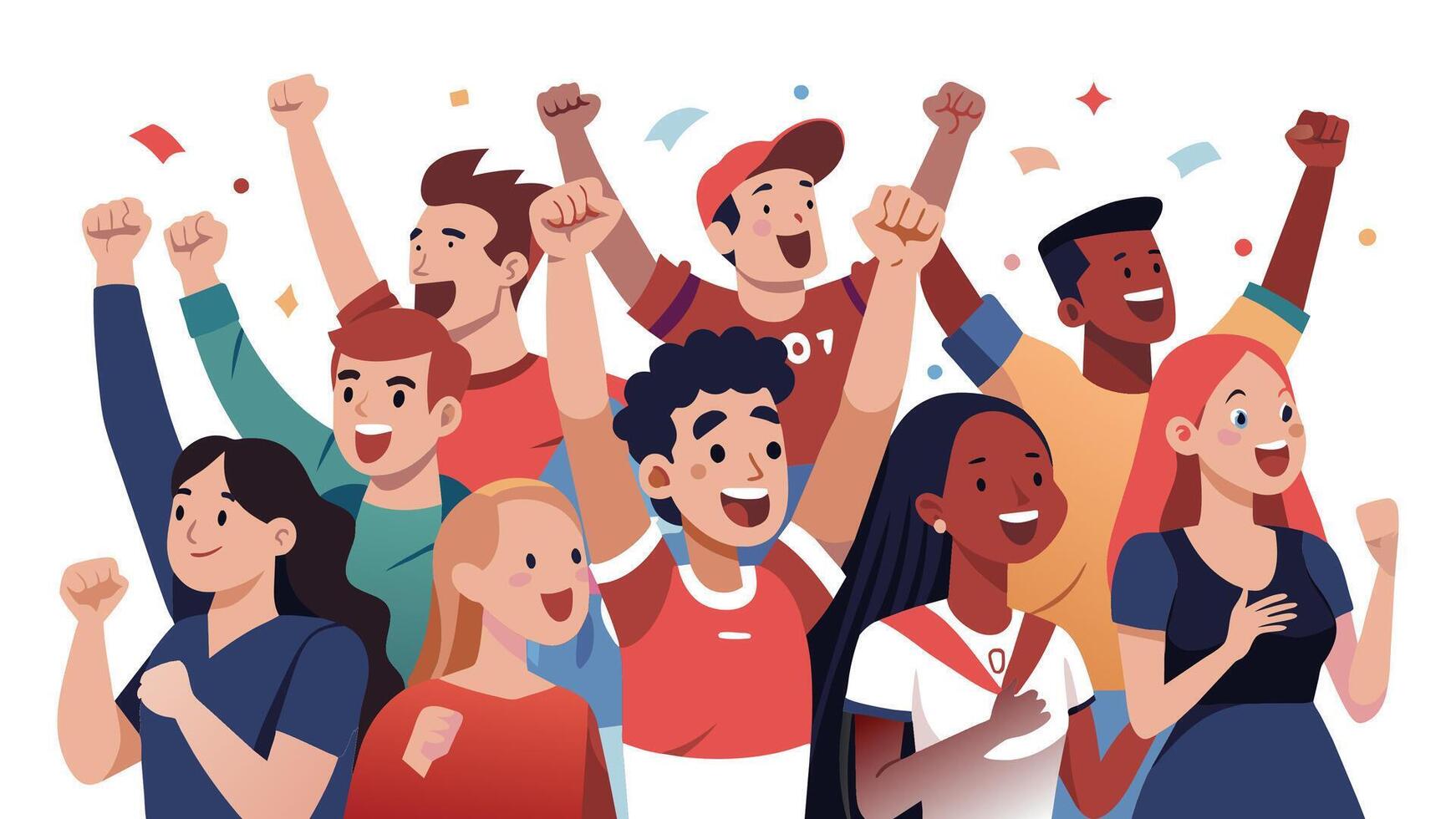 Crowd of sports fans cheering during a match in a stadium - people excited cheering for their favorite sports team to win the game, flat illustration on white background vector