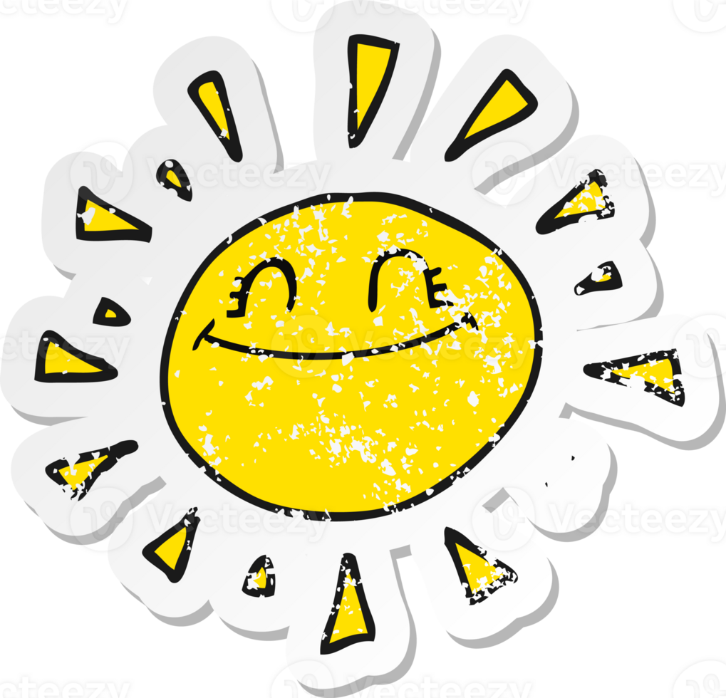 retro distressed sticker of a happy cartoon sun png