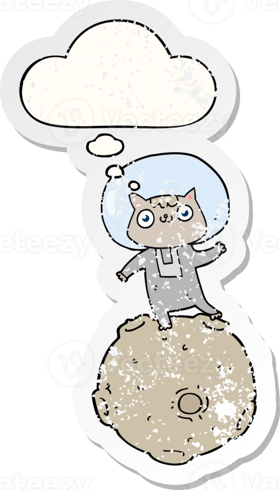 cute cartoon astronaut cat with thought bubble as a distressed worn sticker png