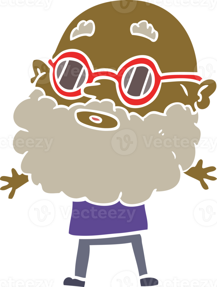 flat color style cartoon curious man with beard and sunglasses png