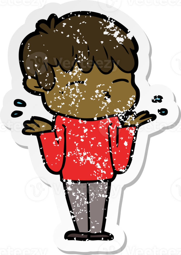 distressed sticker of a cartoon curious boy png