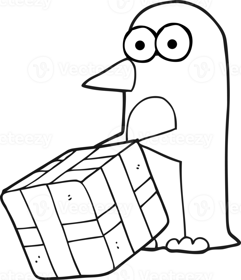 hand drawn black and white cartoon penguin with christmas present png